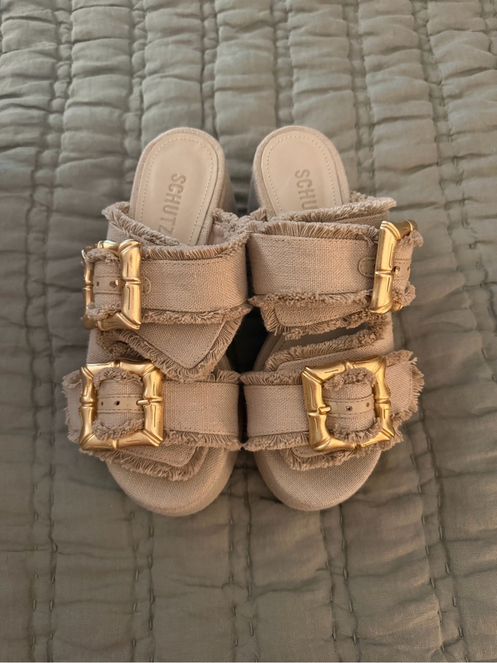SCHUTZ Beige Frayed Double-Buckle Slide Sandals with Gold Buckles